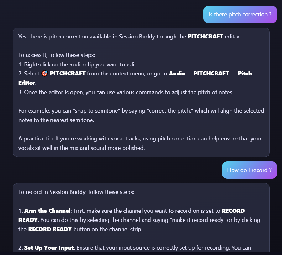 ARIA chat answering 'Is there pitch correction?' with step-by-step instructions for the PITCHCRAFT editor