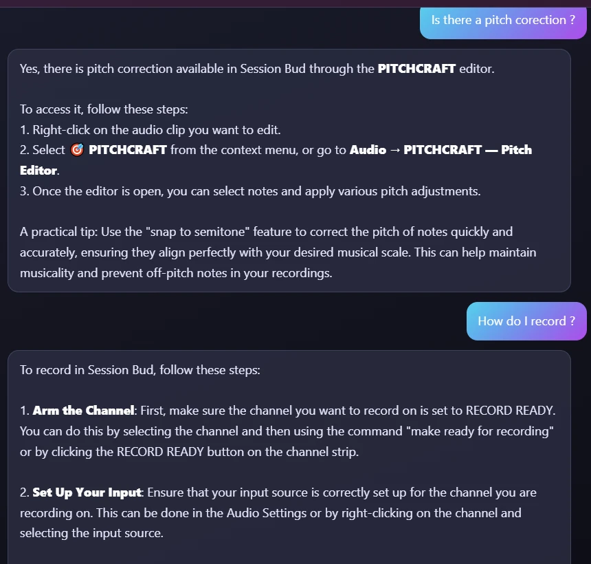 ARIA chat: asked 'Is there a pitch correction?' she answers with the PITCHCRAFT steps; asked 'How do I record?' she lists the recording steps, from arming the channel to pressing record