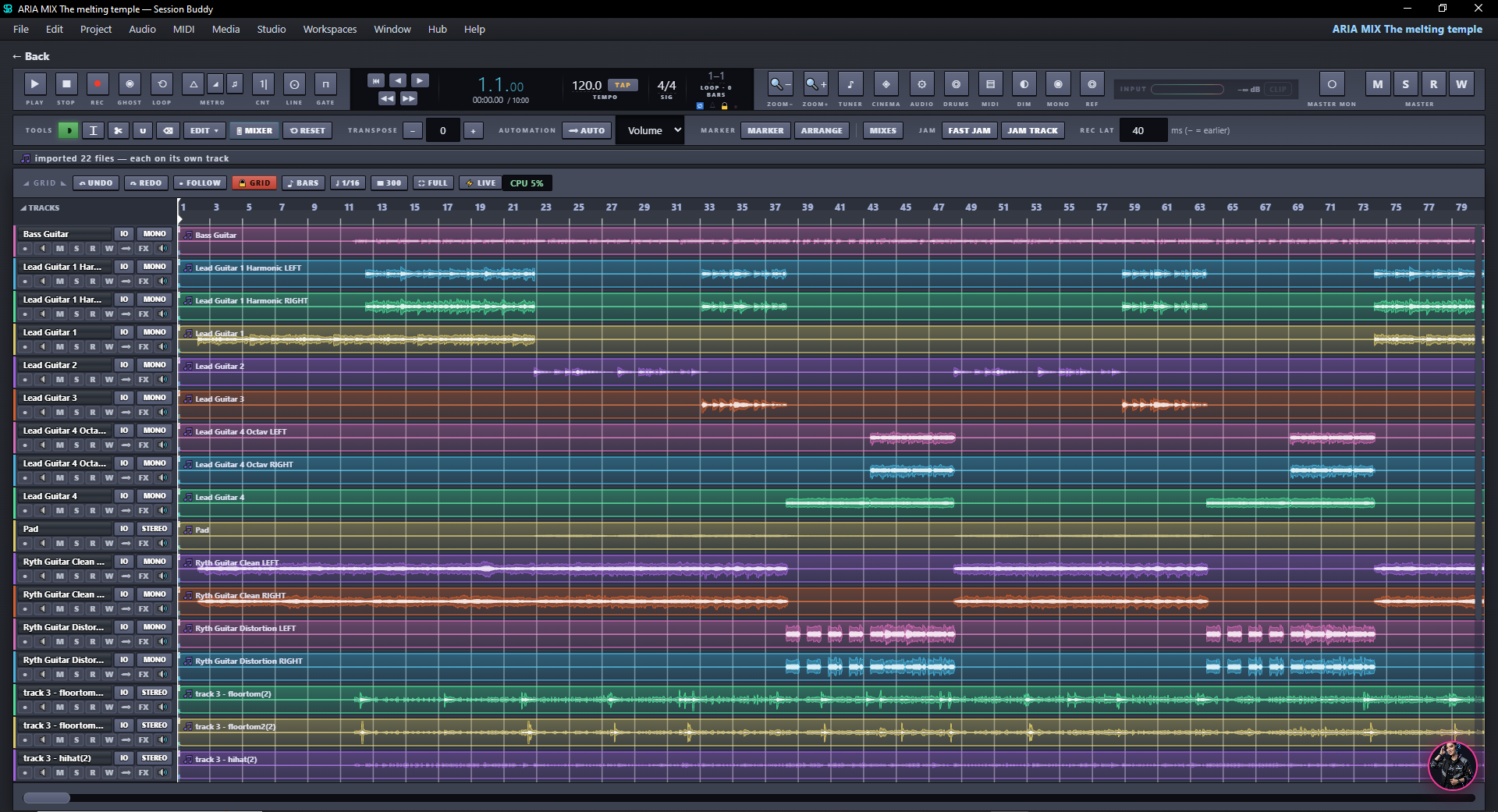 Session Bud arrange view: a multitrack session with colored waveforms across bass, lead and rhythm guitars, pads and drums