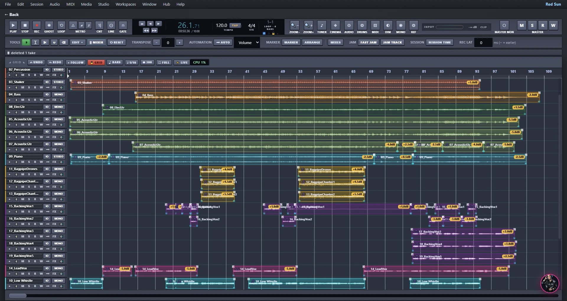 Session Bud arrange view: a full-band multitrack session with colored waveforms for percussion, bass, guitars, piano, bagpipes, backing vocals, lead vocal and whistle