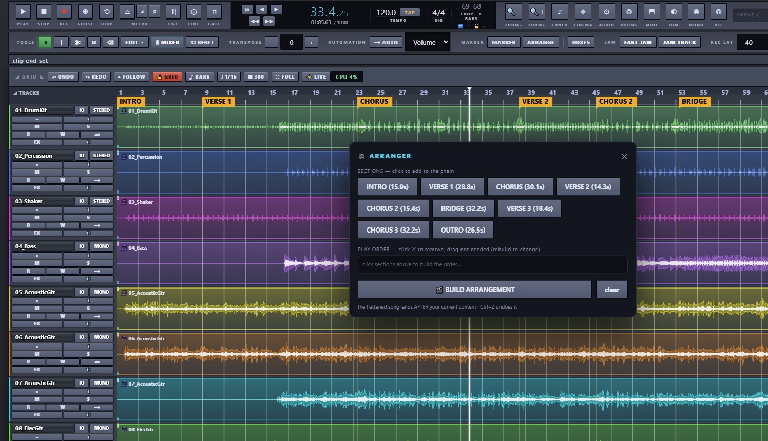 The Arranger panel over a session with INTRO, VERSE 1, CHORUS, VERSE 2, CHORUS 2 and BRIDGE markers: section buttons to build a play order and a BUILD ARRANGEMENT button