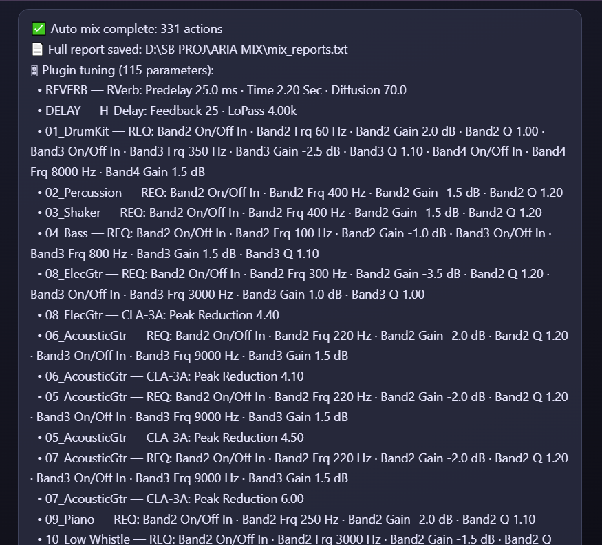 ARIA chat showing 'Auto mix complete: 331 actions' with a detailed per-channel report of EQ and compression settings