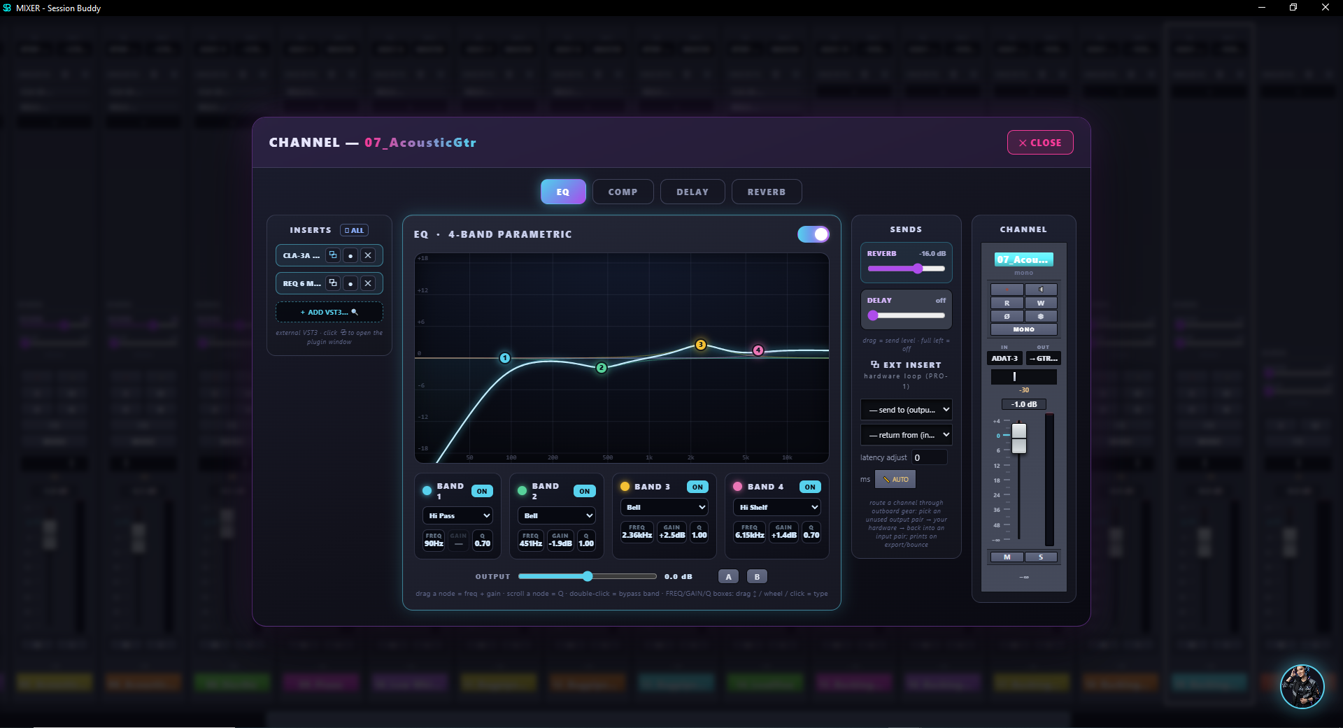 Channel FX panel with the built-in 4-band parametric EQ curve, COMP, DELAY and REVERB tabs, sends and channel fader