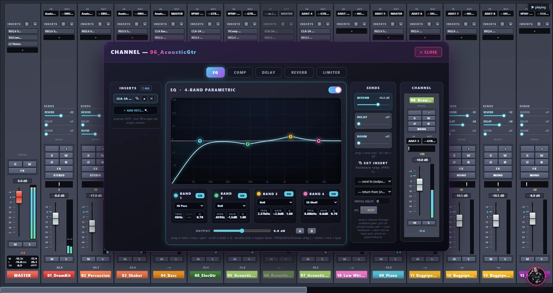 Channel panel over the mixer with the built-in 4-band parametric EQ curve, COMP, DELAY, REVERB and LIMITER tabs, an ADD VST3 insert slot, sends and the channel fader