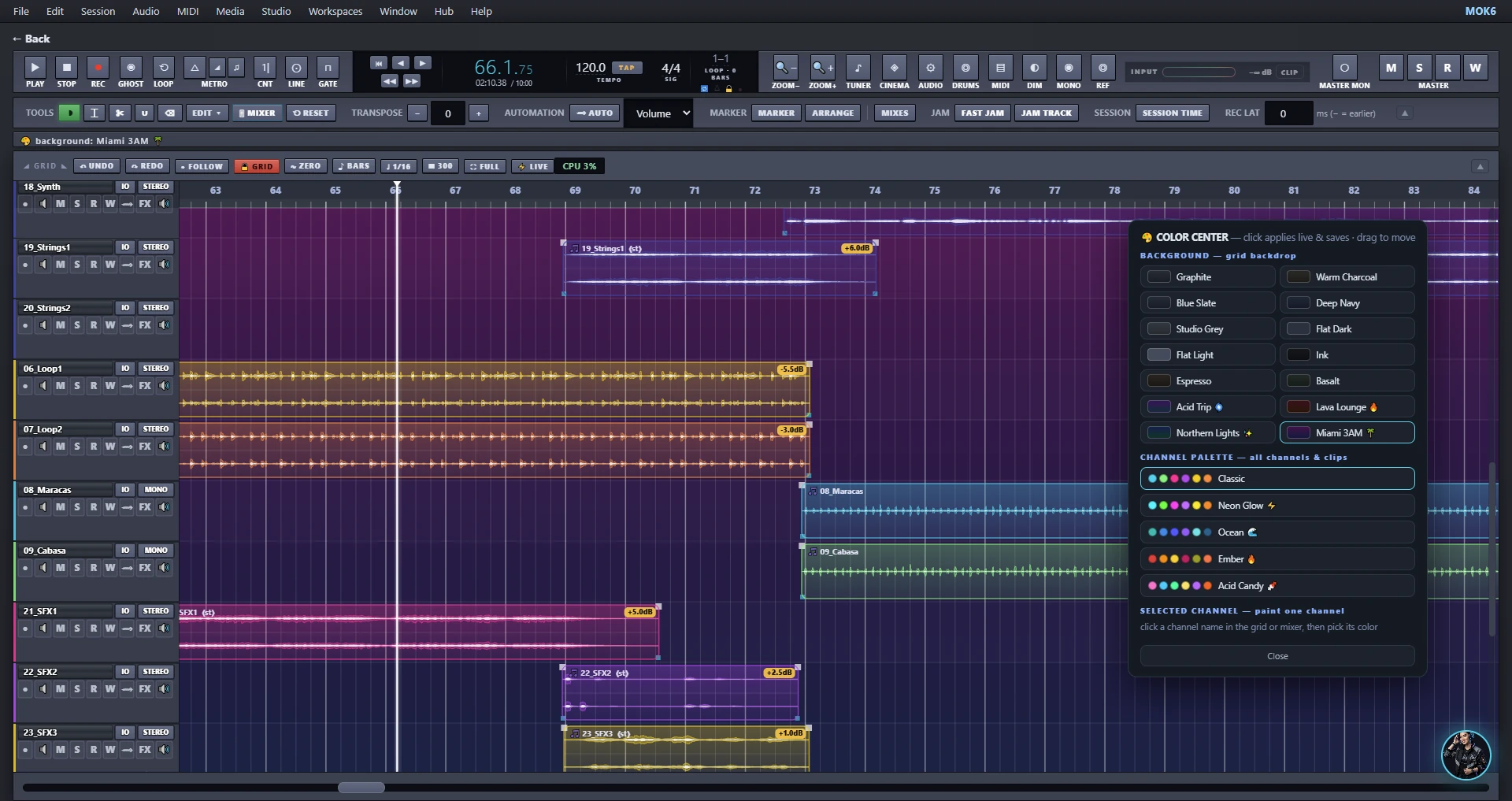 The Color Center panel open over the arrange view: 14 grid backgrounds with the purple Miami 3AM background selected, five channel palettes with Classic selected