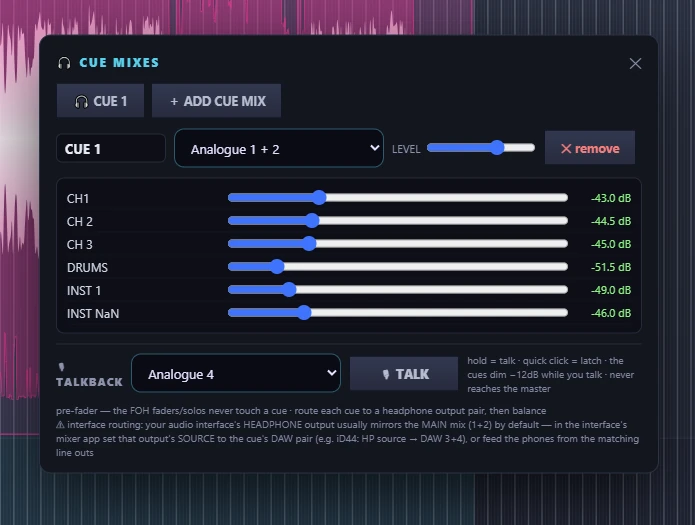 The Cue Mixes panel: CUE 1 routed to Analogue 1+2 with a per-channel level slider for each channel, and a talkback selector with a TALK button