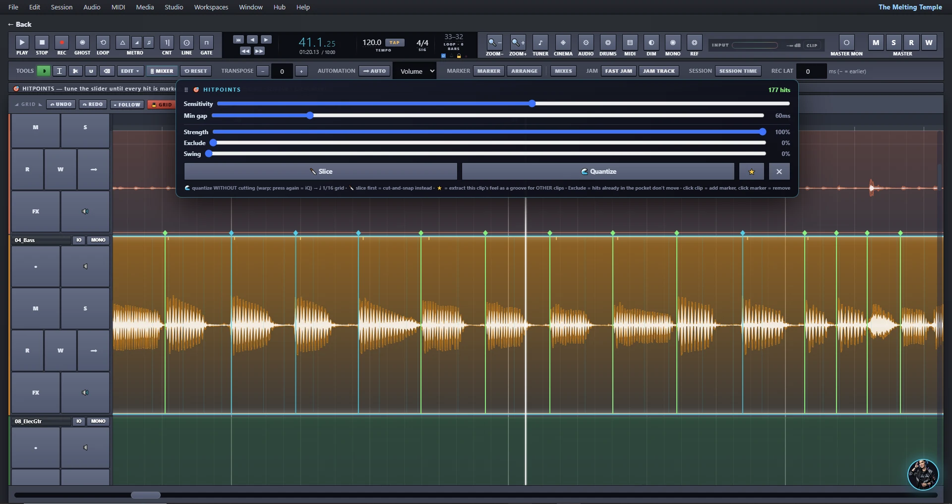 The HITPOINTS panel over a bass clip: 177 detected hits marked on the waveform, with sensitivity, minimum gap, strength, exclude and swing sliders and Slice and Quantize buttons