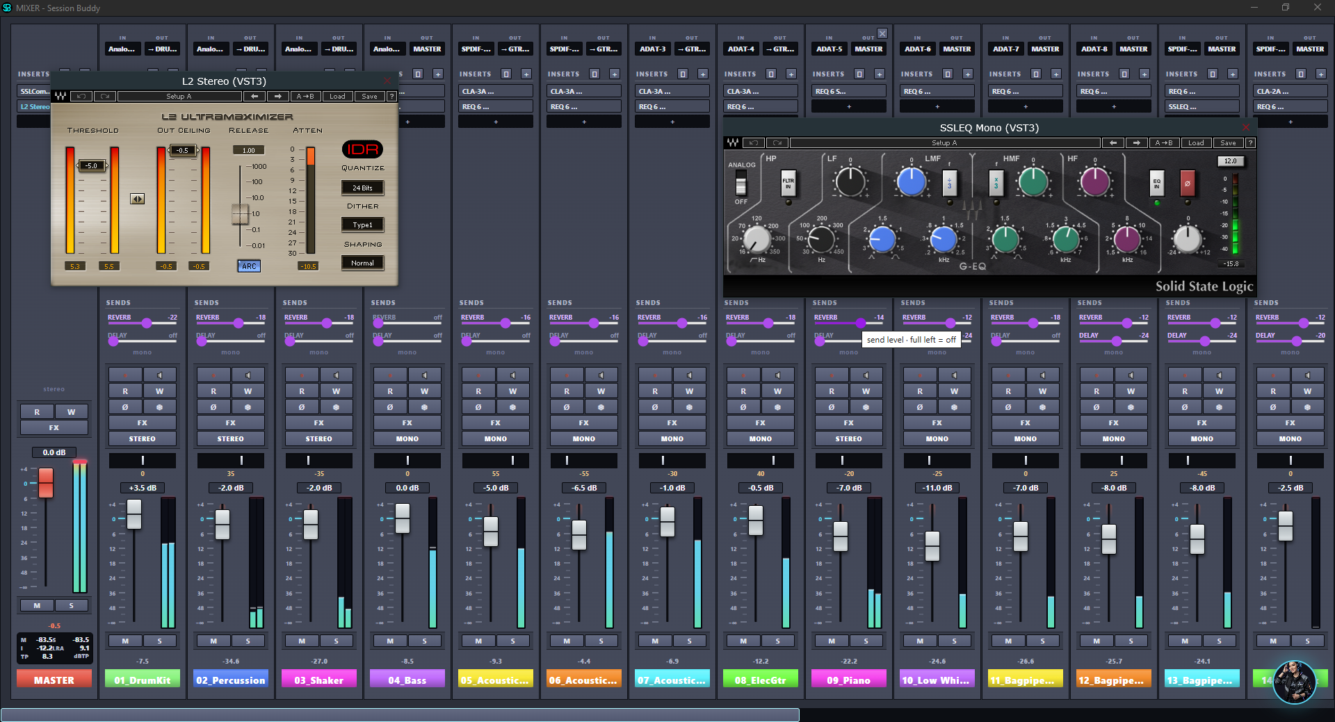 Session Bud full-screen mixer: fourteen channel strips with inserts, sends, meters and third-party plugin windows open