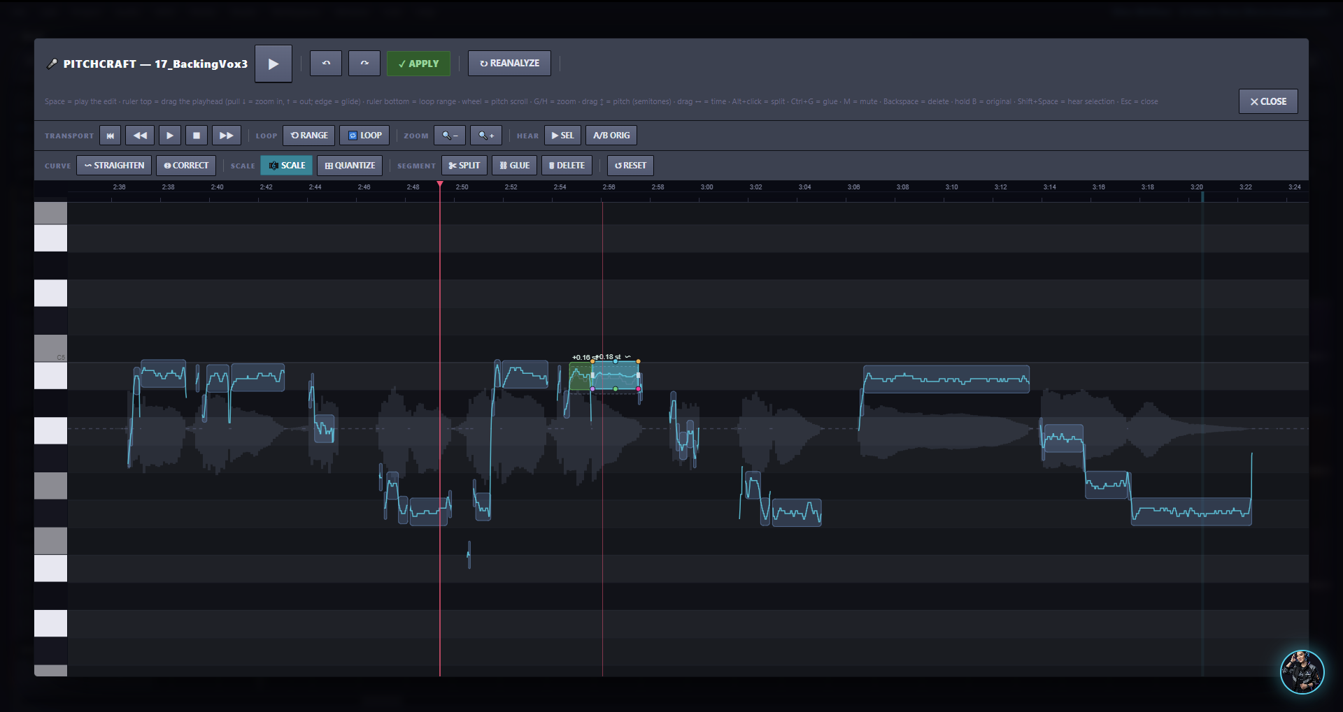 PITCHCRAFT pitch editor showing pitch curves over a vocal waveform with correct, scale-snap and quantize tools