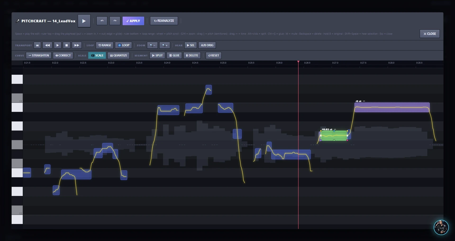PITCHCRAFT pitch editor showing a lead vocal's pitch curve with note segments, one segment moved up and one straightened, with straighten, correct, scale, quantize, split and glue tools