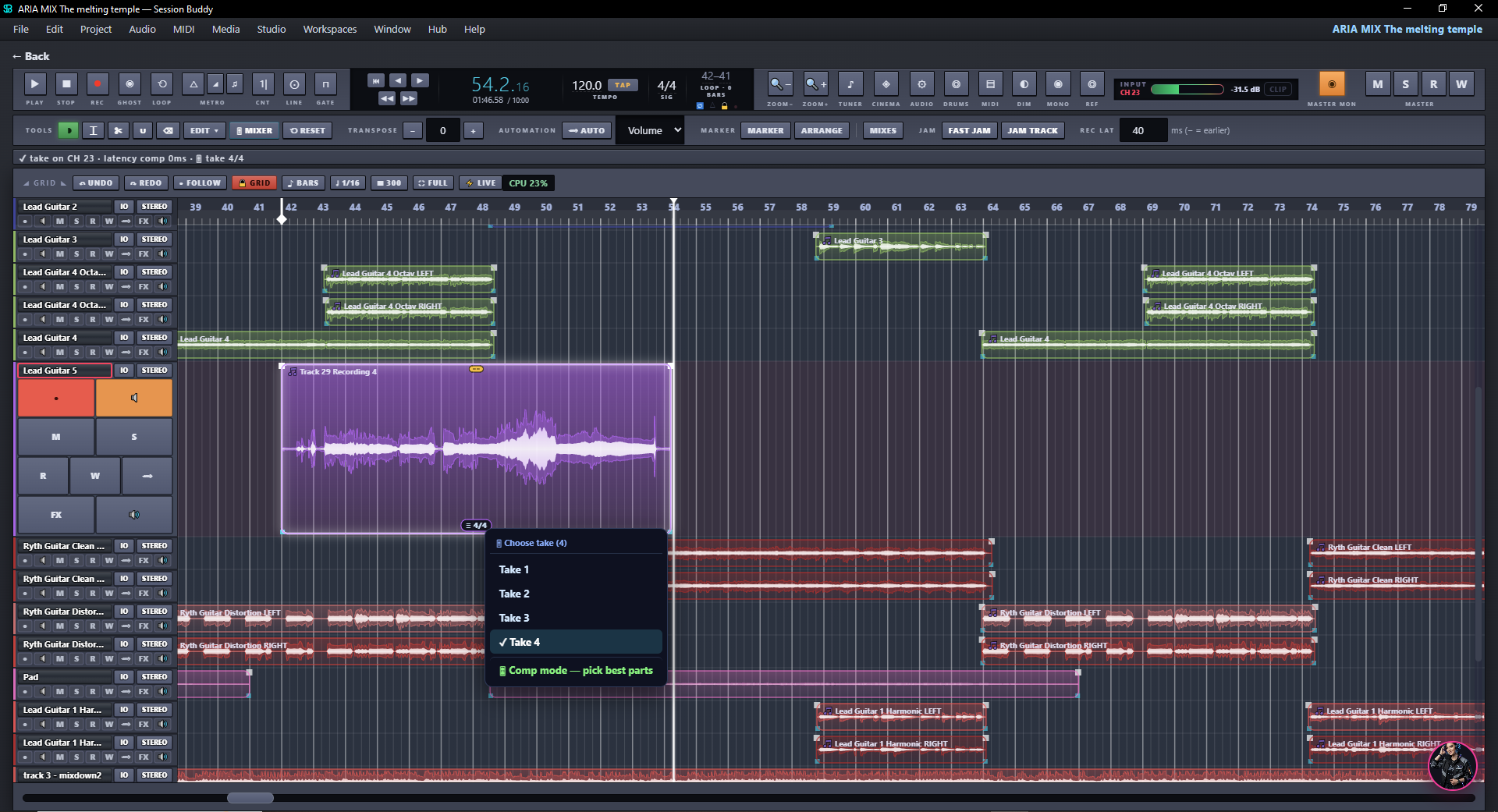 Take selection menu on a recorded guitar track with four takes and a comp mode option