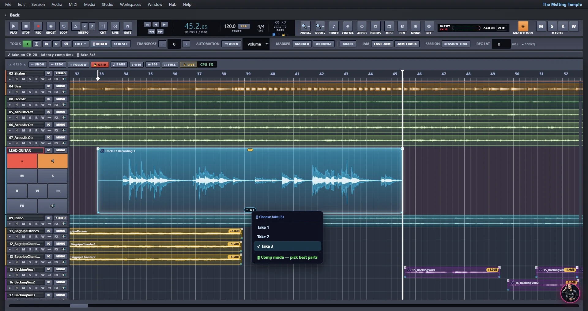 A recorded lead guitar clip with the take menu open: Take 1, Take 2, Take 3 selected, and a comp mode to pick the best parts